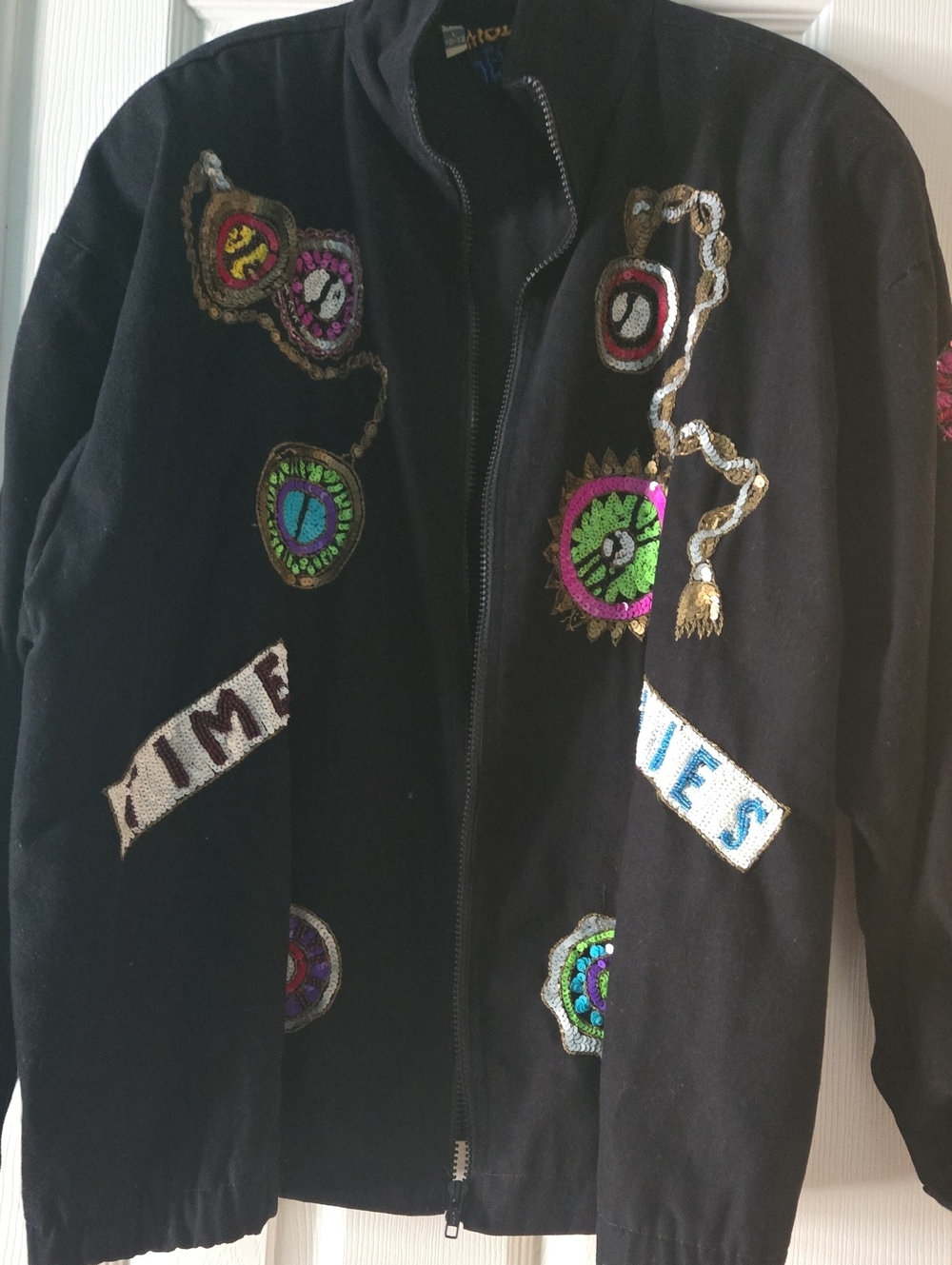 Vintage Custom Black Sequin Bling Jewel Tone Oversized Denim Jacket Sz 10/12/14 - Picture 4 of 9